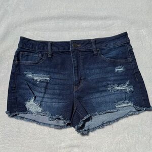 SO High Rise Shortie Dark Blue Distressed Denim Jean Shorts